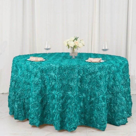 Wedding Rosette SATIN 120" Round Tablecloth - Dark Turquoise - Picture 1 of 8